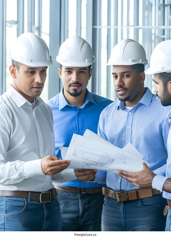 Group of Indian and African American Men in Hard Hats Reviewing Blueprints