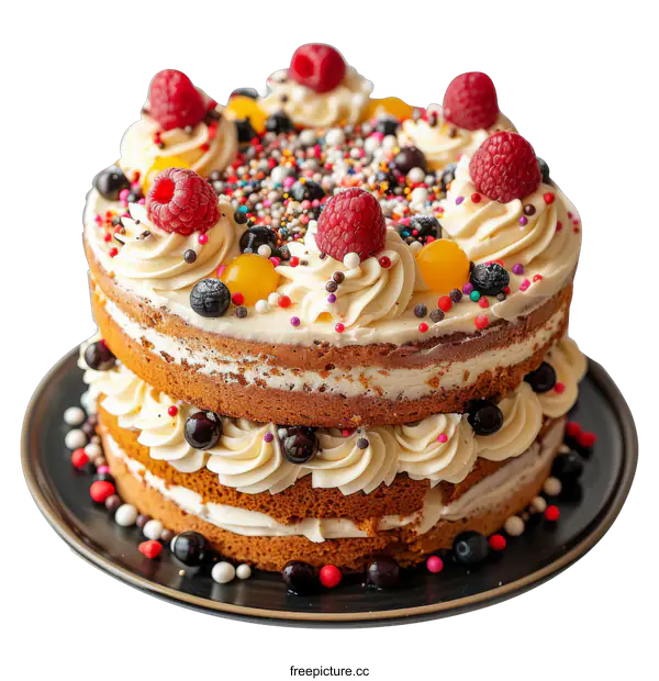 [Transparent Background PNG]Delicious Fruitcake with Whipped Cream and Berries