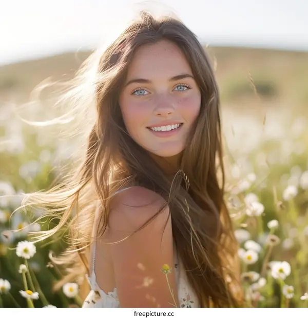 Beautiful young woman with freckles on her face smiling in a field of daisies