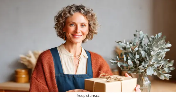 Woman Presenting a Gift Box in a Cozy Studio
