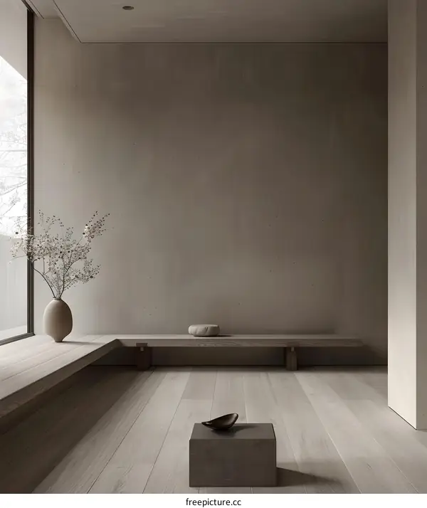 Minimalist Interior Design with Concrete Wall and Wooden Bench