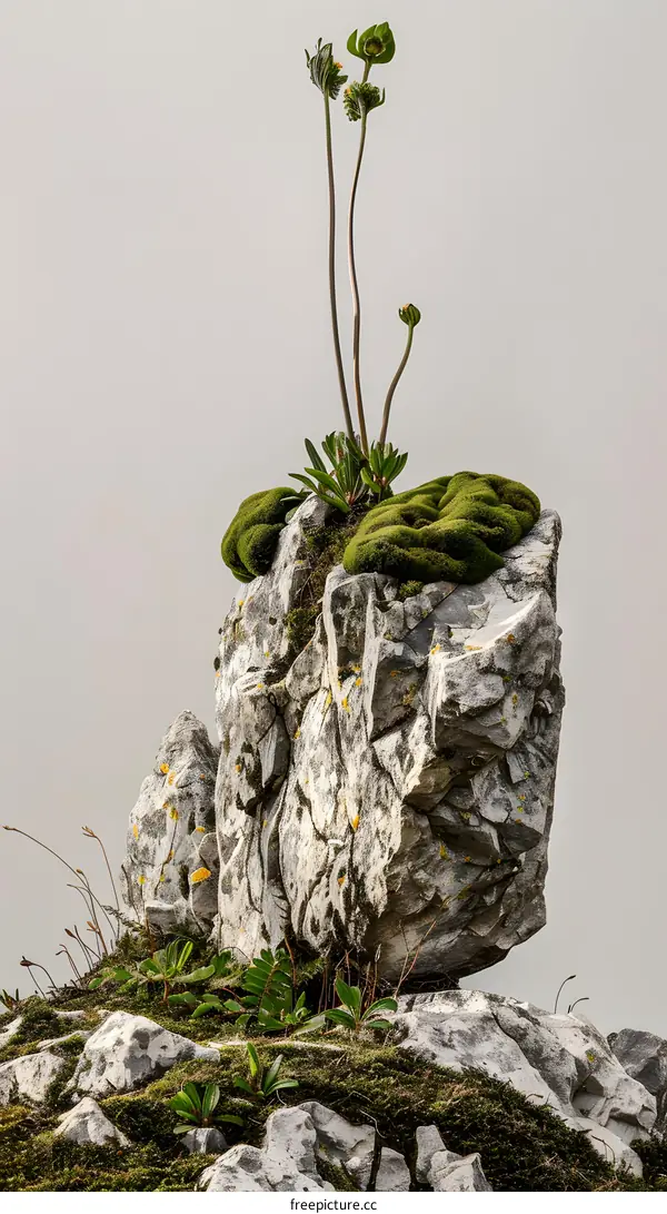 Mountain Landscape With Green Plants On The Stone