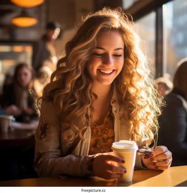 Smiling blonde woman sitting in a cafe holding a coffee cup
