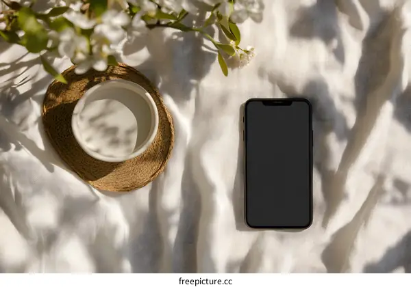 Flatlay of a Phone and a Bowl on White Fabric Background