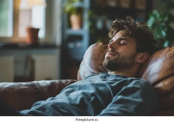 Man taking a nap in a brown leather chair