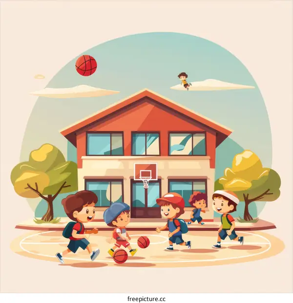 children playing basketball in the schoolyard