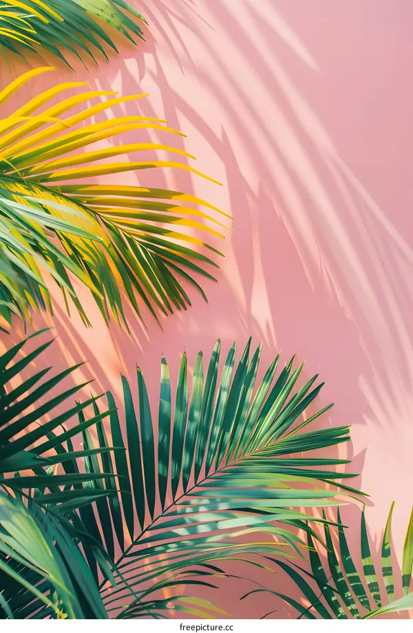 Tropical Leaves and Shadows on Pink Wall