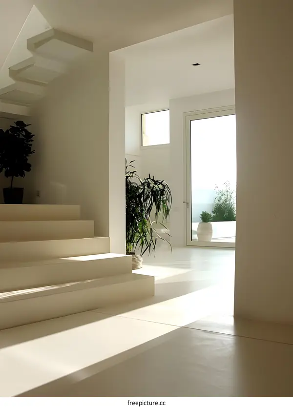 Modern Minimalist White Interior Design with Staircase and Plants