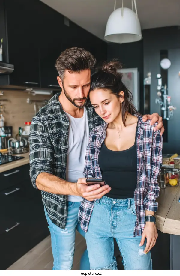 Couple Using Smartphone in Kitchen