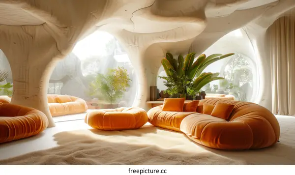 futuristic interior design living room with large windows