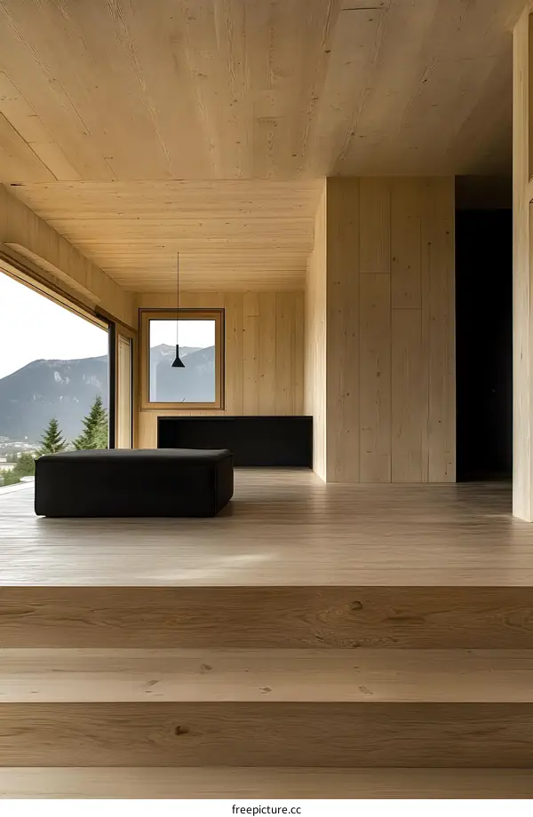 Modern Wooden Interior Design with Large Windows and Mountain Views