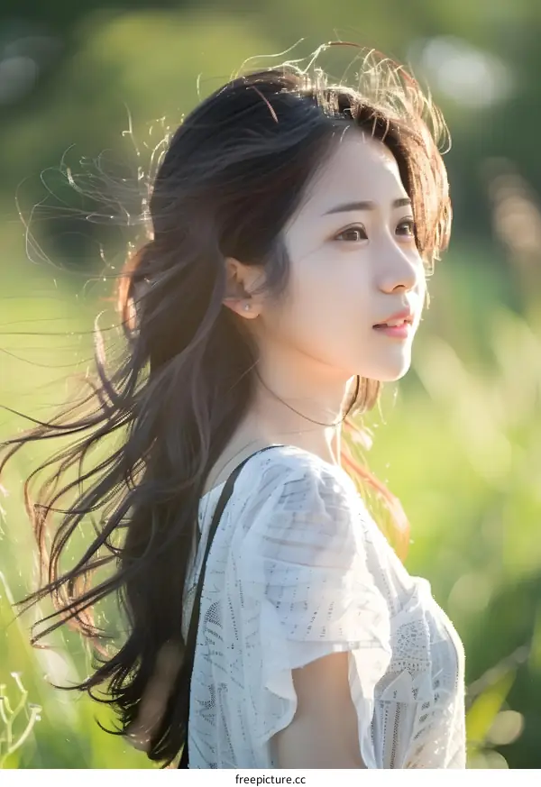 Beautiful Asian Woman With Long Hair Posing In Green Nature