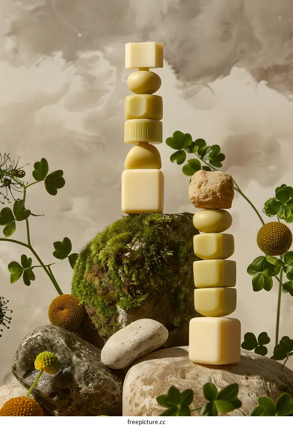 Abstract Still Life with Stones and Green Plants