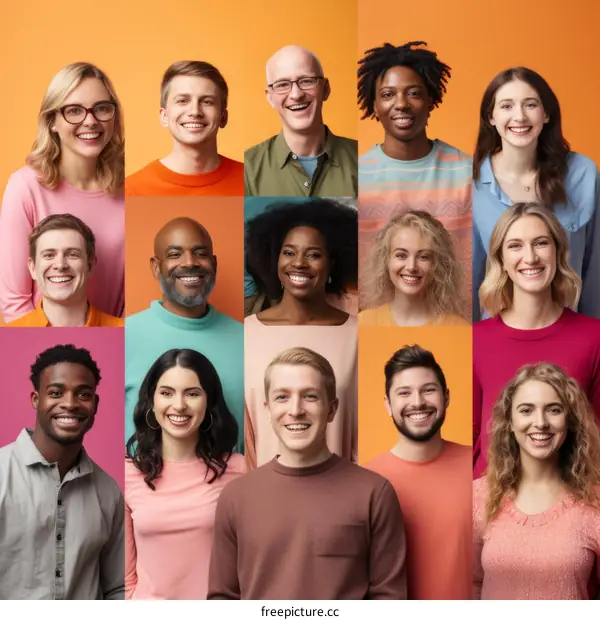A diverse group of people smiling happily.