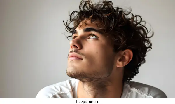 portrait of a young man with curly hair looking up
