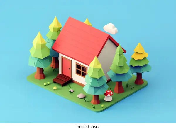 Low Poly House with Trees and Mushroom Illustration