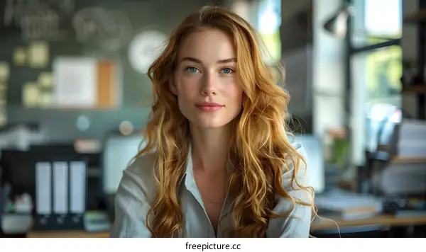 Portrait of a Young Woman with Red Hair in a Workplace Setting