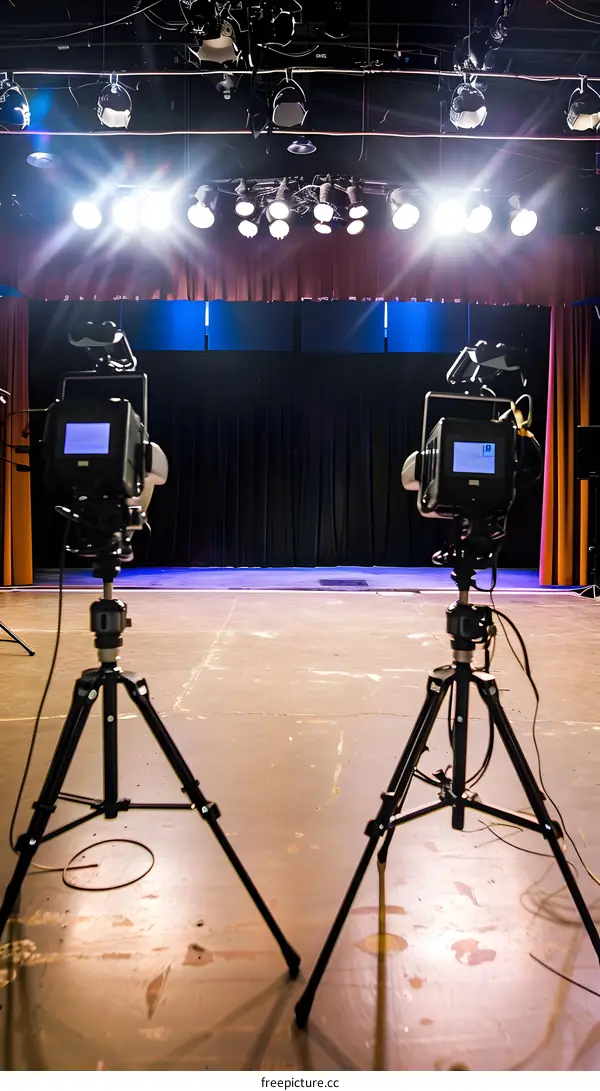 Two Professional Video Cameras Set Up on Tripods in a Theater or Studio