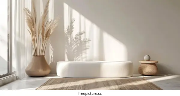 Modern interior of living room with sunlight, plants and shadows on the wall