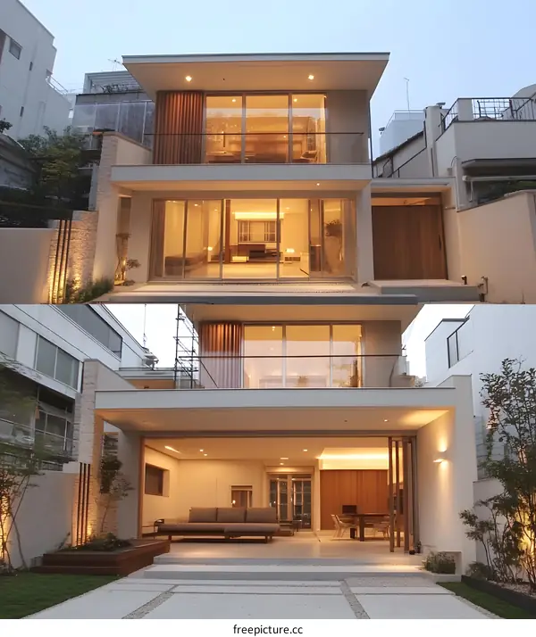 Modern Minimalist Two Story House With Wooden Accents And Large Windows