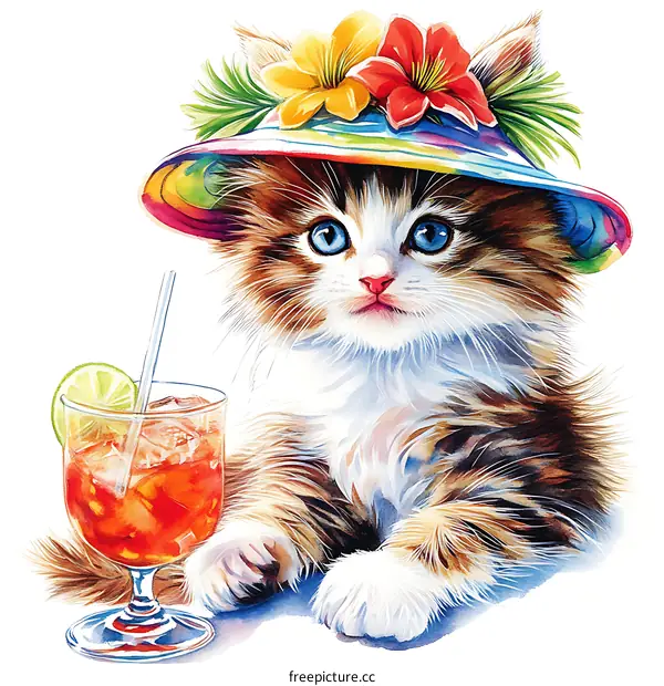 Adorable Kitten with a Colorful Hat and a Drink