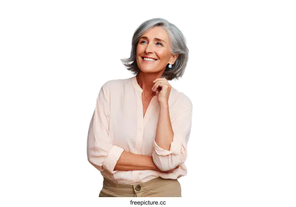 [Transparent Background PNG]Smiling middle-aged woman with gray hair in casual shirt