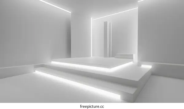 Minimalist White Room with Geometric Shapes and Neon Lights