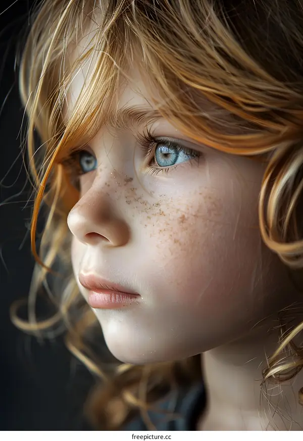 Portrait of a young girl with freckles and blue eyes