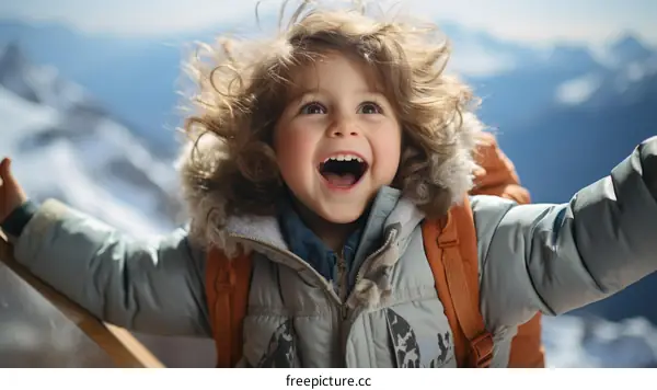 Little boy in winter clothes standing on a snowy mountaintop with arms outstretched