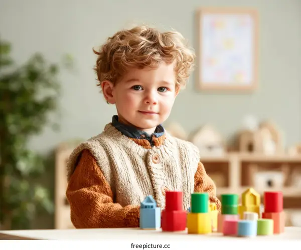 Adorable Toddler Building with Colorful Wooden Blocks