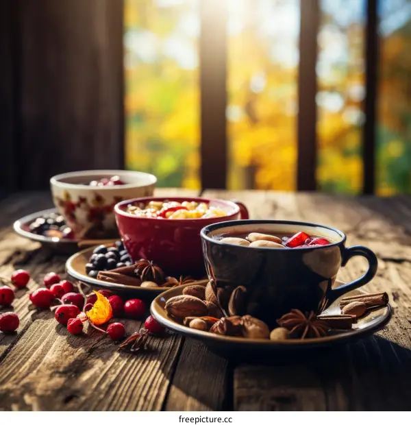 Three cups of tea on a wooden table in front of a window