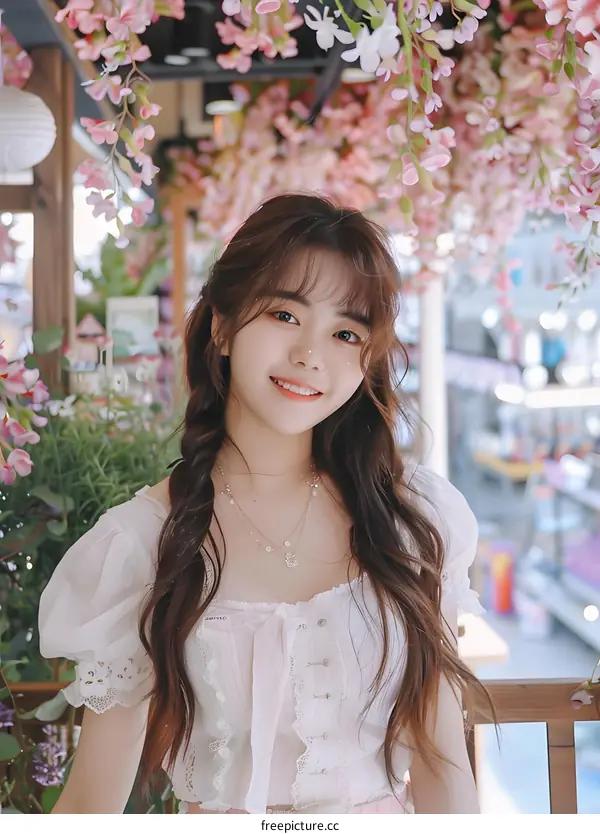 Smiling Young Woman in White Blouse with Cherry Blossoms