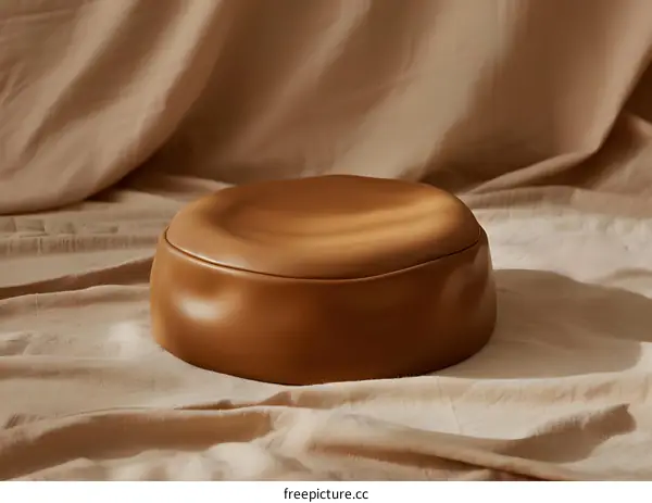 Brown Leather Ottoman on Beige Fabric Background