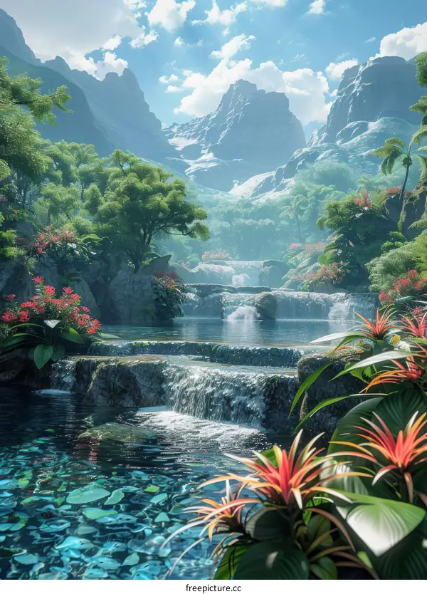 Picturesque Tropical Paradise Island with Cascading Waterfalls and Lush Rainforest Vegetation