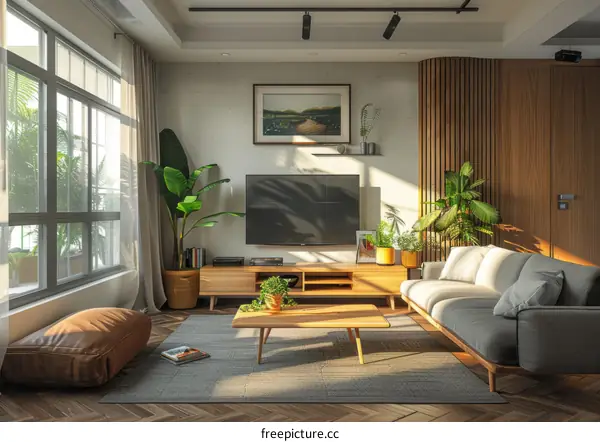 Modern Living Room with Gray Sofa and Large Window