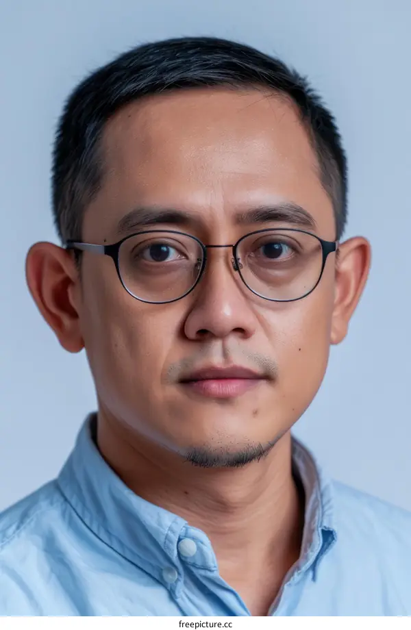 A headshot of a young Asian man wearing glasses