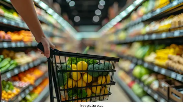 A person pushing a shopping cart full of fruits and vegetables in a grocery store