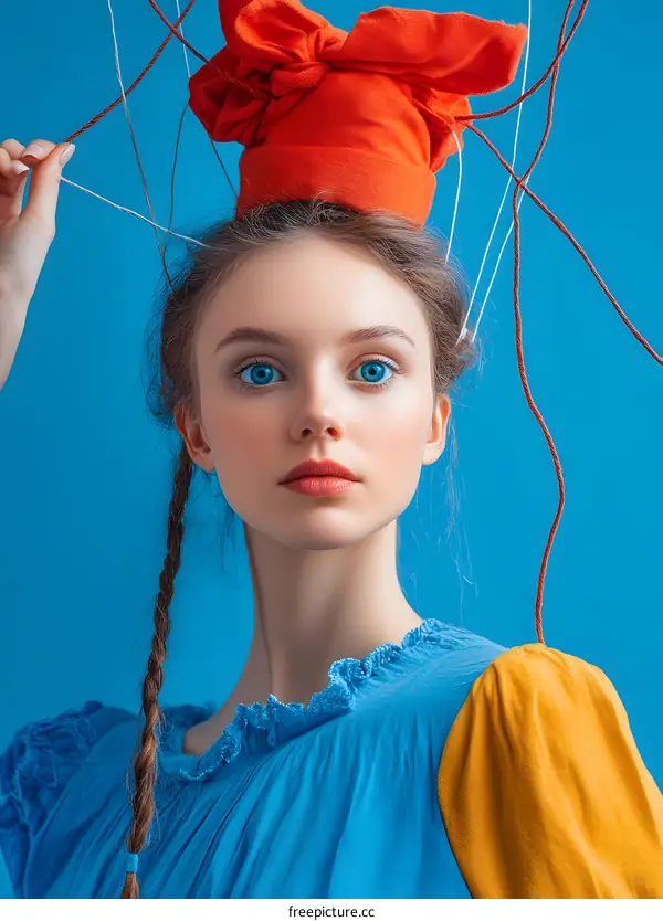 Portrait of Young Woman with Red Bow on Blue Background