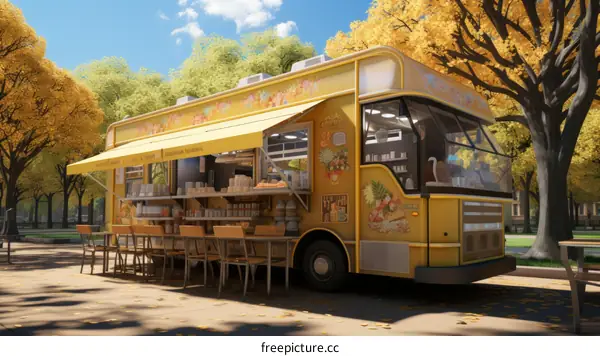 Yellow food truck parked in a park with autumn trees