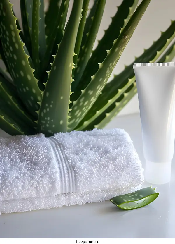 Aloe Vera Plant With White Towel and Lotion