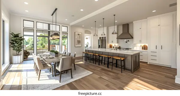 Modern Kitchen and Dining Room with White Cabinets and Wooden Floors