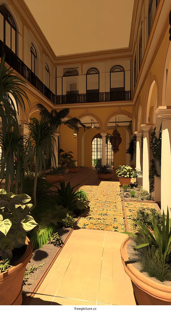 Spanish Style Courtyard Illustration With Lush Greenery