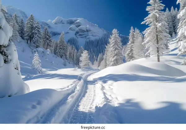 A snow-covered forest with a path leading through it