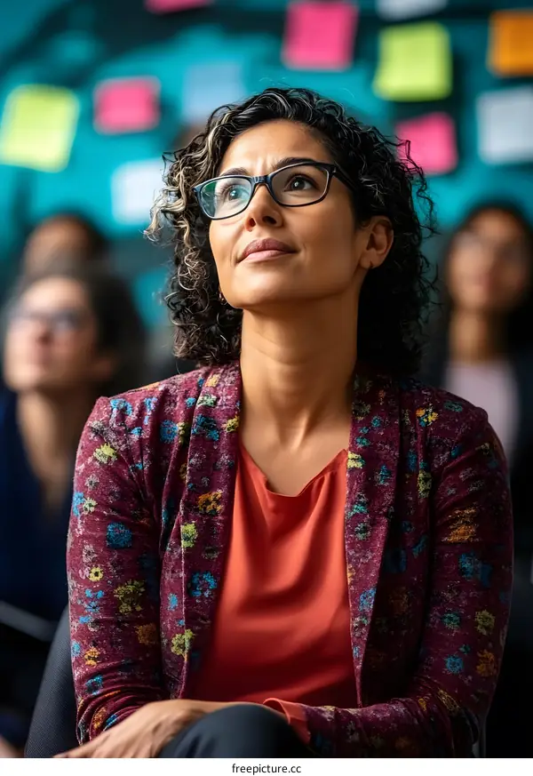 Woman Wearing Glasses Listening to Presentation in Conference Room