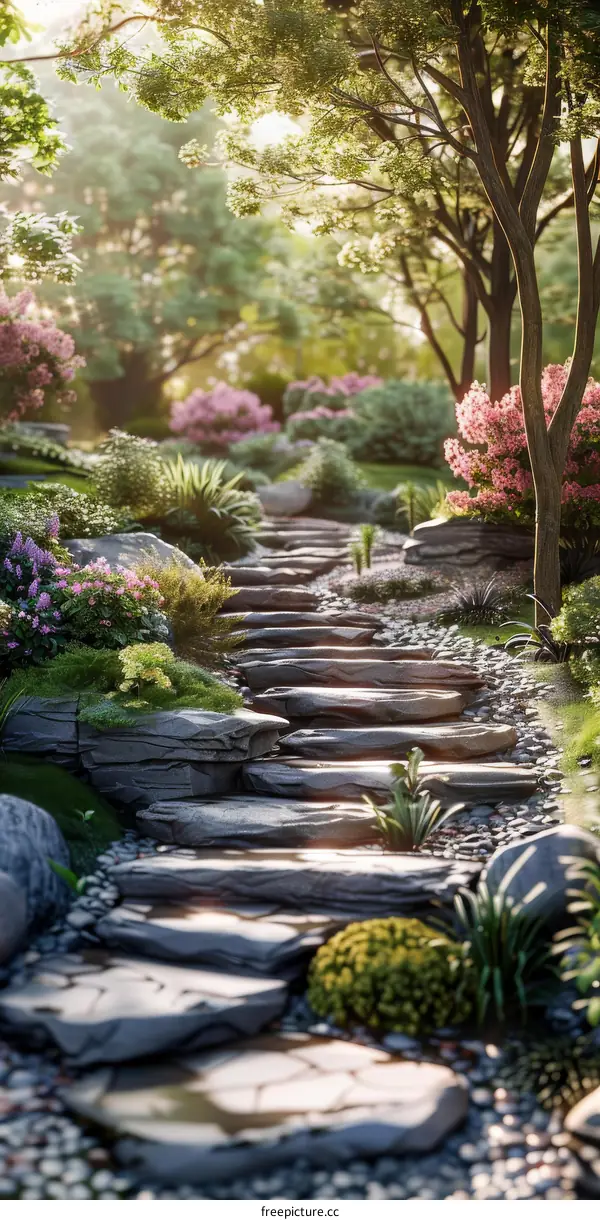 Stone Path Surrounded by Lush Greenery and Pink Flowers in a Garden
