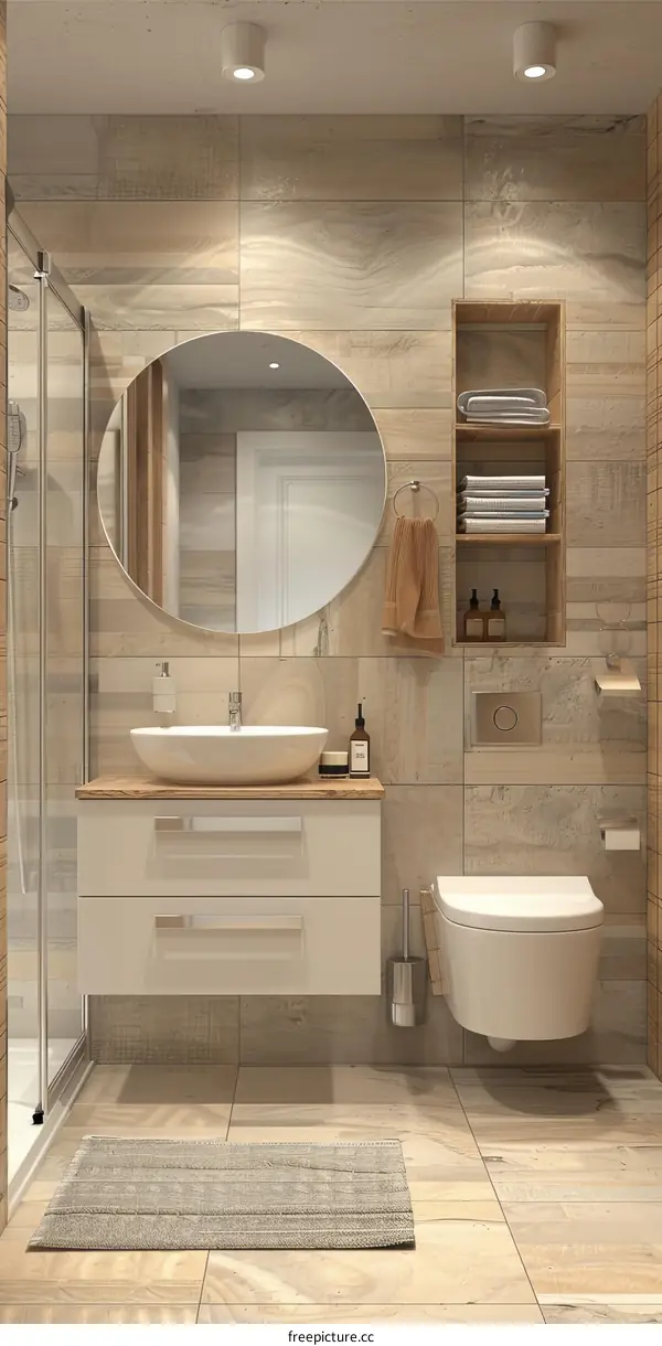 Modern Beige Bathroom Design with Circular Mirror