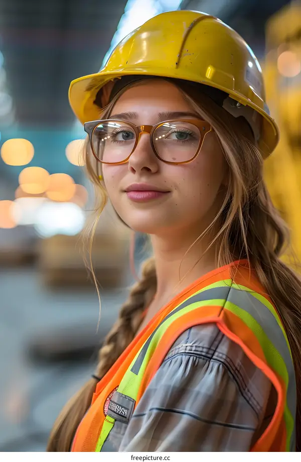 portrait of a young female construction worker wearing a hard hat and safety glasses