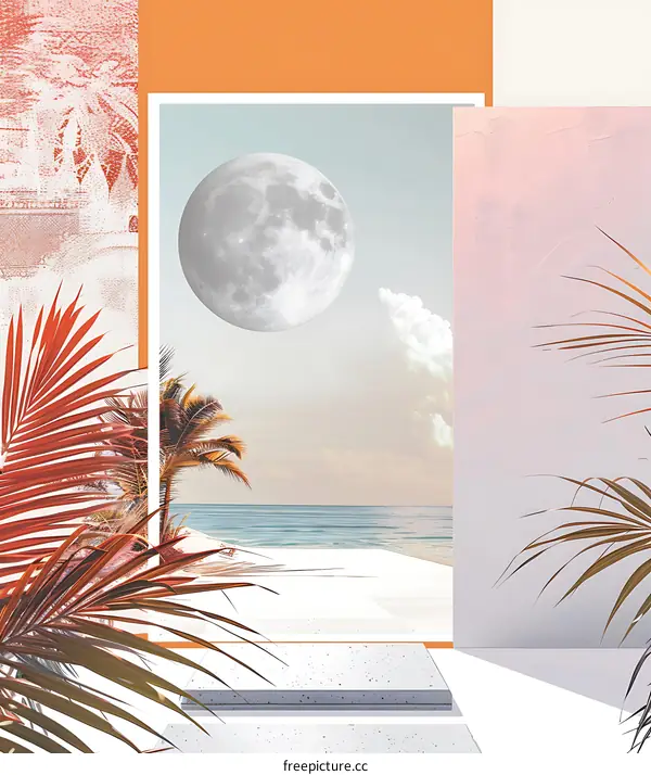 Tropical Beach Minimalist Collage With Palm Trees And Full Moon