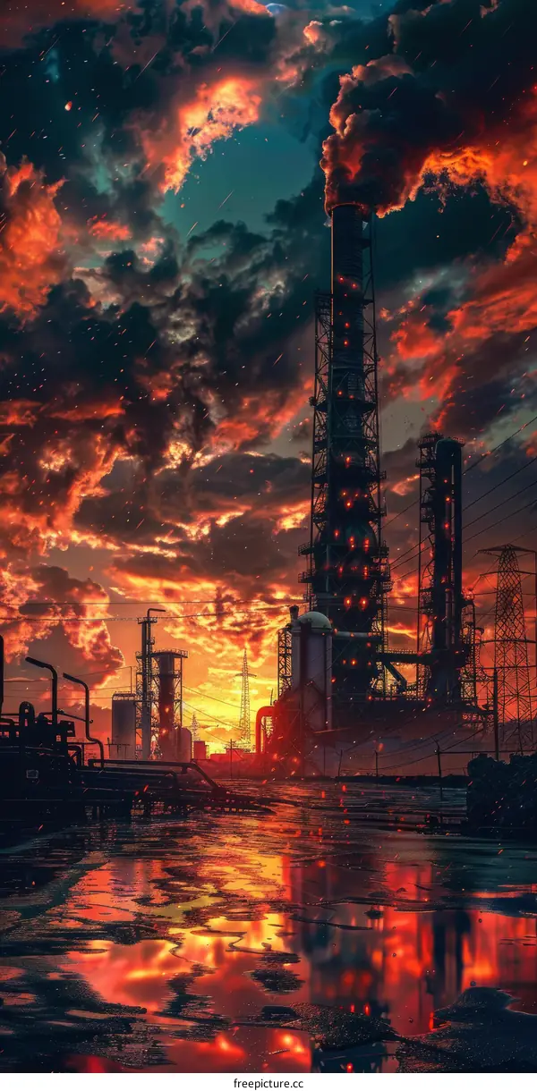 A cyberpunk city with a large factory in the background