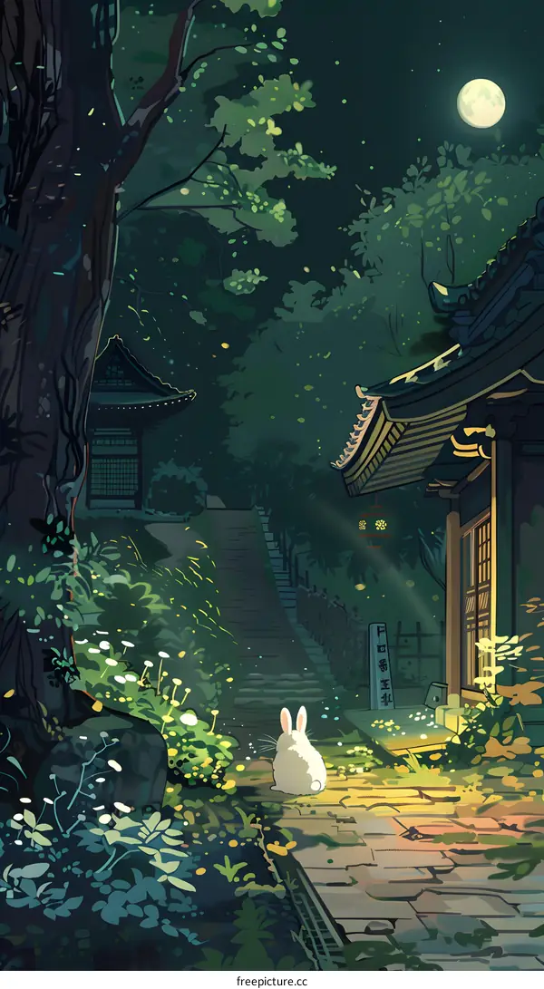 Nighttime in the Japanese Garden with a White Rabbit